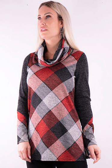 Model showing the front of the Checkered Tunic with Scarf from Michael Tyler in the color red