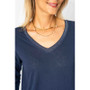 Close up of the Long Sleeve Glitter V-Neck from Look Mode in the color navy blue