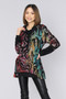 Front of the Split Back Burnout Cowl Tunic from Cativa in the multicolor print