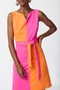 Close up of the Scuba Crepe Color Block Shift Dress from Joseph Ribkoff in the colors Ultra Pink and Mandarin Orange