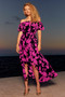 Front of the Floral Print Chiffon Off-Shoulder Pleated Dress from Joseph Ribkoff in the colors black and pink