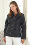 Front of the Contrast Stitch Moto Jacket from Lindi in the color black