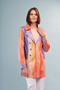 Front of the Metallic Vegan Leather Long Jacket from Insight in the multicolor print