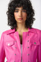 Close up of the Foiled Suede Jacket With Metal Trims from Joseph Ribkoff style 241911 in the color bright pink