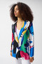 Front of the Silky Knit Face Print Straight Blazer style 251176 from Joseph Ribkoff in the Vanilla/Multi print