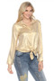 Front of the Gold Shimmer Tie Front Top style Z13002 from AZI Jeans in the color gold