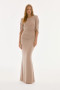 Front of the Lurex Knit Draped Trumpet Gown style 251703 from Joseph Ribkoff in the color champagne