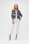 Front of the Gauze Stripe Print Short Boxy Blazer style 252215 from Joseph Ribkoff in the black / multicolor print