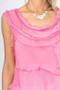 Close up of the Long Silk Ruffle Dress style 2031 from Look Mode in the color raspberry