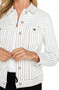 Close up of the Classic Pinstripe Jean Jacket style LM1004SBW from Liverpool in the colors white and black