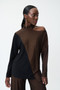 Model showing the front of the Asymmetrical Color Block Tunic from Joseph Ribkoff in the colors Black / Gold