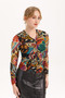 Front of the Ruched V-Neck Zipper Top style 421-15270 from Isle in the Majorca print