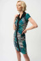 Front of the Cascade Knit Geometric Print Sheath Dress style 261295 from Joseph Ribkoff in the colors green/multi