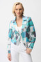Front of the Foiled Faux Suede Geometric Print Fitted Jacket style 261911 from Joseph Ribkoff in the colors green/multi