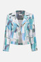 Front of the Foiled Faux Suede Geometric Print Fitted Jacket style 261911 from Joseph Ribkoff in the colors green/multi