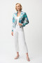 Front of the Foiled Faux Suede Geometric Print Fitted Jacket style 261911 from Joseph Ribkoff in the colors green/multi