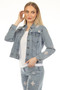 Front of the Laser Cut Floral Jacket style Z13400 from AZI Jeans in the color denim