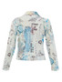 Back of the Collage 46 Cropped Moto Jacket style 26735 from Dolcezza in the multicolor print