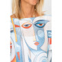 Close up of the Abstract Face Print Batwing Sweater style 0930 from Look Mode in the colors blue and silver