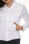 Close up of the Studded Frayed Hem Jacket style T6670STUD-01 from Tango Mango in the color white