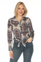 Front of the Blingy Front Tie Paisley Top style Z13513 from AZI Jeans in the navy/multi print