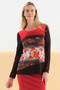 Front of the Ramo de Nubes Rojas Floral Print Top style 76632 from Dolcezza in the colors red and black