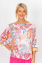 Front of the Coastal Paisley Print Batwing Sweater style 0110 from Look Mode in the color fuchsia