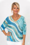 Front of the Blue and Gold Waves Batwing Sweater style 0531 from Look Mode in the color turquoise