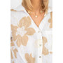 Close up of the Gold Flower Print Tie front Shirt style 28597GF from Look Mode in the color white