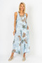 Front of the Flower Print Linen Romper style 1590 from Look Mode in the blue/silver print