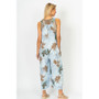 Back of the Flower Print Linen Romper style 1590 from Look Mode in the blue/silver print