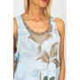 Close up of the Flower Print Linen Romper style 1590 from Look Mode in the blue/silver print
