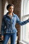 Front of the Paisley Peplum Denim Jacket style 51515 from Habitat in the indigo print