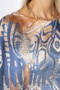 Close up of the Abstract Detailed Print Batwing Sweater style 0920 from Look Mode in the color navy