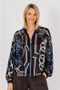Front of the Belt and Chain Detailed Satin Jacket style 6808 from Look Mode in the color navy