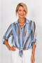 Front of the Wavy Strips Tie Front Shirt style 8597WS from Look Mode in the color blue