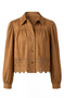 Front of the Puff Sleeve Laser Cut-Out Hem Jacket style LM1D04TL96 from Liverpool in the color caramel