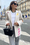 Front of the Amour Patches Pinstripe Boyfriend Blazer style AMOUR from Maxmila Paris in the color cream