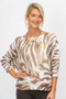 Front of the Gold Foil Zebra Print Batwing Sweater style 9011 from Look Mode in the color brown