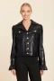Front of the Faux Leather Ruffle Cuff Jacket style 319 from Dolce Cabo in the color black