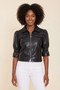 Front of the Faux Leather Short Sleeve Zip Jacket style 75705 from Dolce Cabo in the color black