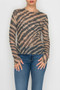 Front of the Sparkly Sheer Lace Long Sleeve Top style 4982TP from Origami in the mocha zebra print
