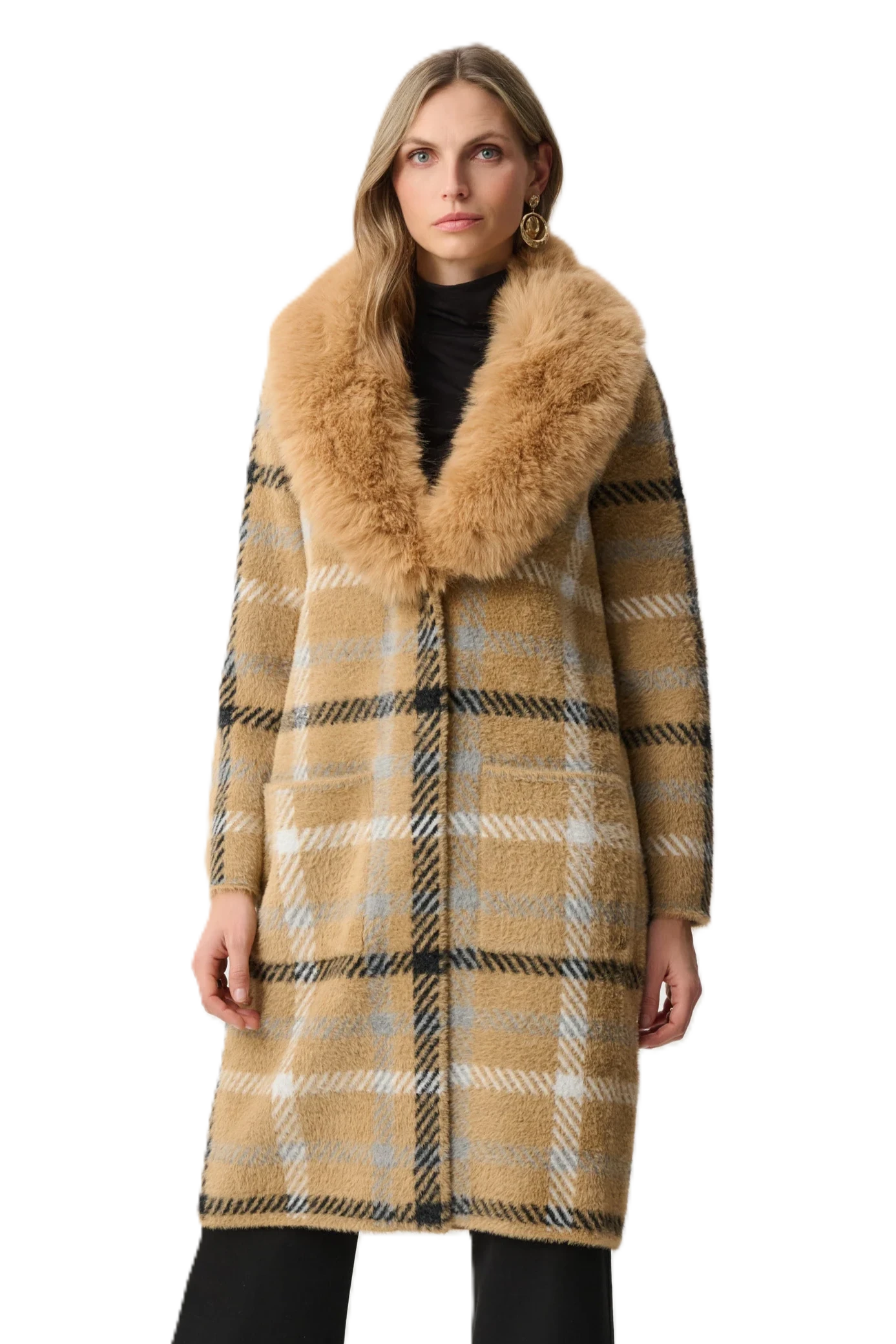 Joseph Ribkoff Feather Yarn Plaid Coat With Detachable Faux Fur Collar