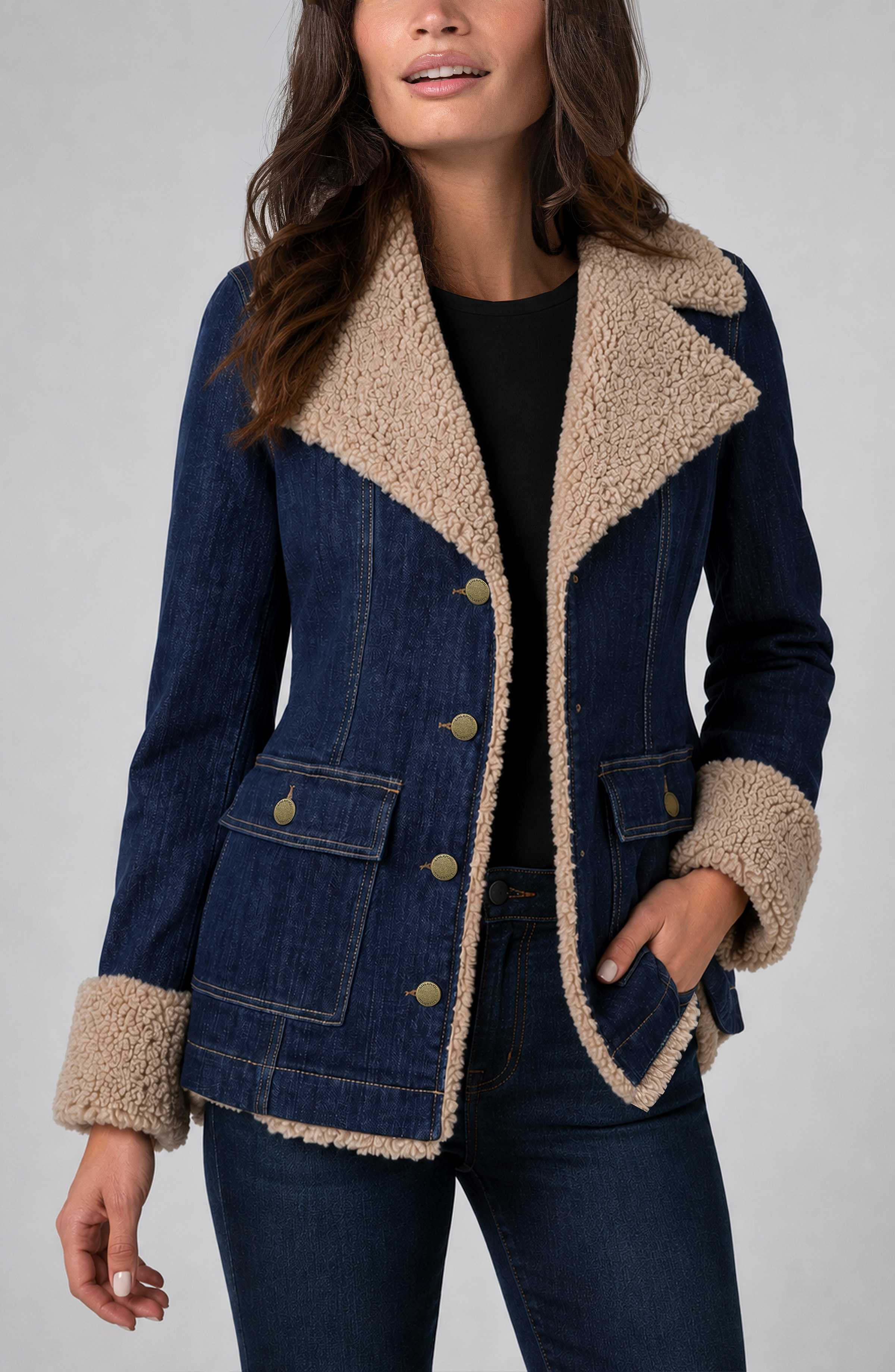 Sherpa Trimmed Notch Collar Jacket - Vita Boutique