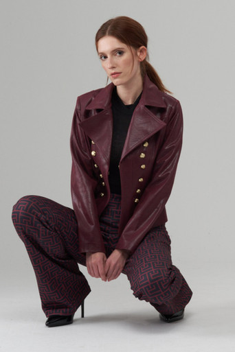 Solid Vegan Leather Military Jacket with Button Trim - Vita