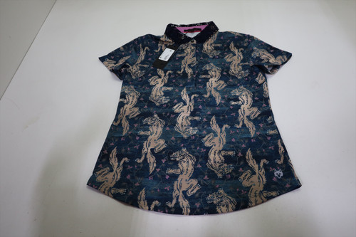 Greyson Woven Wolf Lace Scarlett Polo Womens Size Small Maltese Blue INV12679496