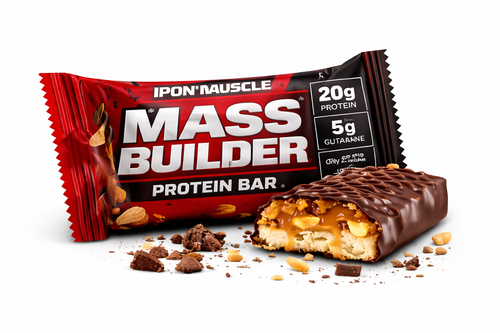 Mass Builder chocolate peanut crunch protein bar with caramel and peanuts