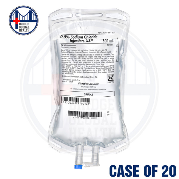 Grifols: 0.9% Sodium Chloride, 500mL for IV Drip (Case of 20 Bags)