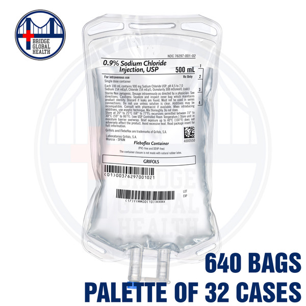 0.9% Sodium Chloride 500mL for IV Drip (Palette of 32 Cases of 500mL Bags - Total of 640 Bags)