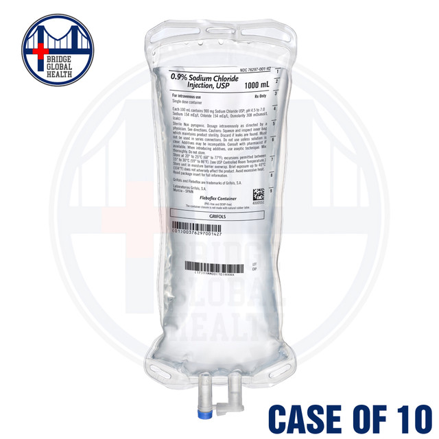 0.9% Sodium Chloride 1,000mL for IV Drip (Case of 10 x 1,000mL Bags)